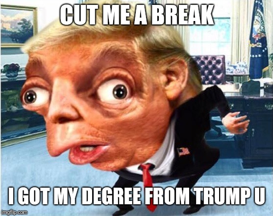 mocking trump | CUT ME A BREAK I GOT MY DEGREE FROM TRUMP U | image tagged in mocking trump | made w/ Imgflip meme maker
