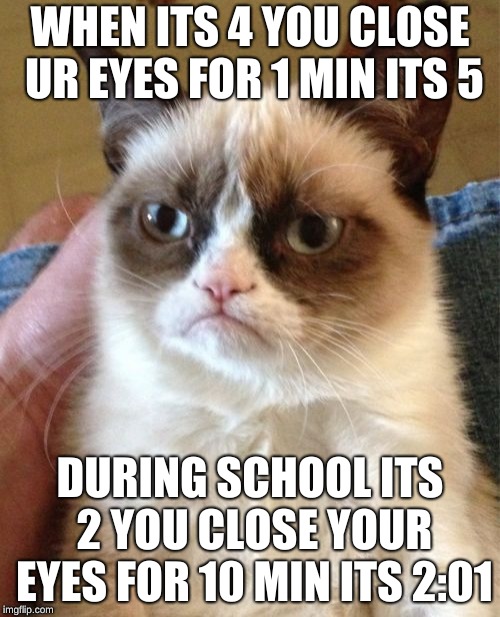 Grumpy Cat Meme | WHEN ITS 4 YOU CLOSE UR EYES FOR 1 MIN ITS 5; DURING SCHOOL ITS 2 YOU CLOSE YOUR EYES FOR 10 MIN ITS 2:01 | image tagged in memes,grumpy cat | made w/ Imgflip meme maker