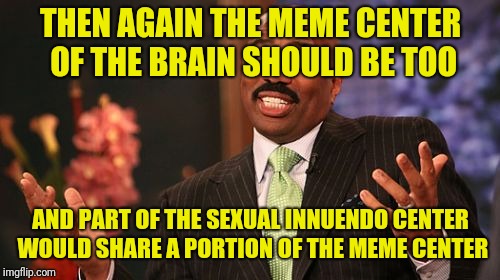 Steve Harvey Meme | THEN AGAIN THE MEME CENTER OF THE BRAIN SHOULD BE TOO AND PART OF THE SEXUAL INNUENDO CENTER WOULD SHARE A PORTION OF THE MEME CENTER | image tagged in memes,steve harvey | made w/ Imgflip meme maker