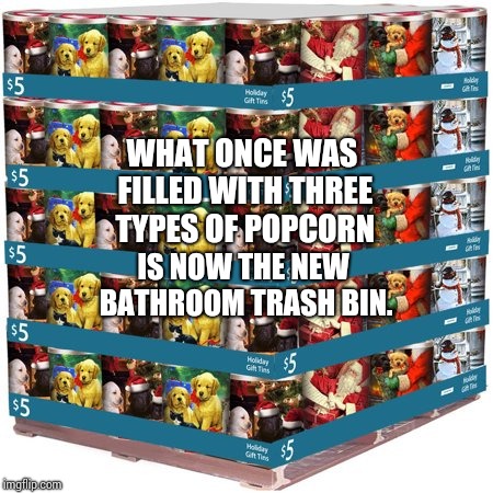 I Get A New Trash Bin Every Holiday Season | WHAT ONCE WAS FILLED WITH THREE TYPES OF POPCORN; IS NOW THE NEW BATHROOM TRASH BIN. | image tagged in popcorn,christmas,traditions,memes,trash can,happy holidays | made w/ Imgflip meme maker