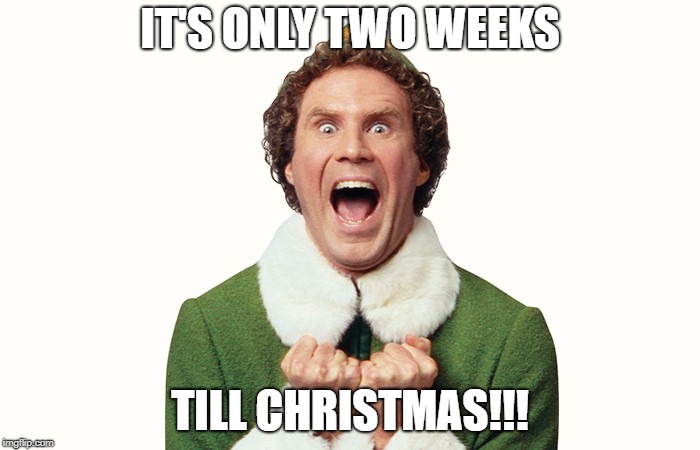Buddy the elf excited | IT'S ONLY TWO WEEKS; TILL CHRISTMAS!!! | image tagged in buddy the elf excited | made w/ Imgflip meme maker