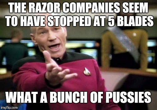 Beard,beard,skin,skin,skin... | THE RAZOR COMPANIES SEEM TO HAVE STOPPED AT 5 BLADES; WHAT A BUNCH OF PUSSIES | image tagged in memes,picard wtf | made w/ Imgflip meme maker