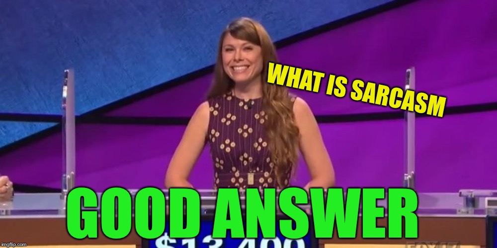 jeopardy contestant | WHAT IS SARCASM GOOD ANSWER | image tagged in jeopardy contestant | made w/ Imgflip meme maker