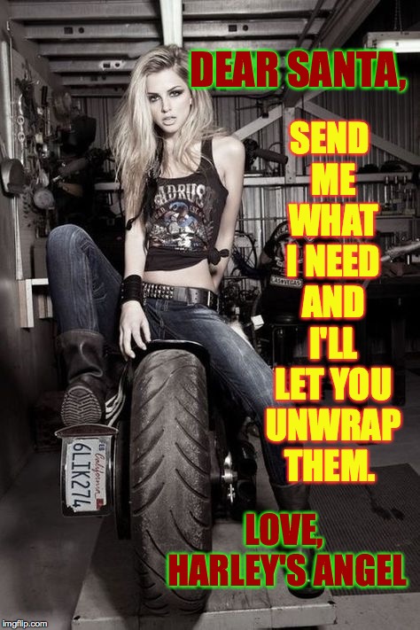 Harley's Angel's Christmas list | SEND ME WHAT I NEED AND I'LL LET YOU UNWRAP THEM. DEAR SANTA, LOVE, HARLEY'S ANGEL | image tagged in biker chick,memes,christmas,santa,harley's angel | made w/ Imgflip meme maker