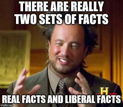 Ancient Aliens Meme | THERE ARE REALLY TWO SETS OF FACTS; REAL FACTS AND LIBERAL FACTS | image tagged in memes,ancient aliens | made w/ Imgflip meme maker