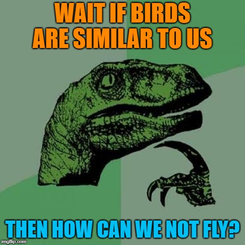 Philosoraptor | WAIT IF BIRDS ARE SIMILAR TO US; THEN HOW CAN WE NOT FLY? | image tagged in memes,philosoraptor | made w/ Imgflip meme maker