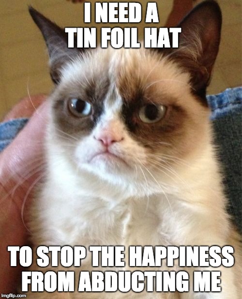 Grumpy Cat | I NEED A TIN FOIL HAT; TO STOP THE HAPPINESS FROM ABDUCTING ME | image tagged in memes,grumpy cat | made w/ Imgflip meme maker