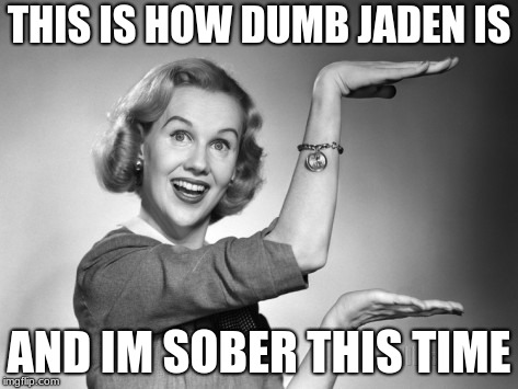 Blond 1950s Salesgirl | THIS IS HOW DUMB JADEN IS; AND IM SOBER THIS TIME | image tagged in blond 1950s salesgirl | made w/ Imgflip meme maker