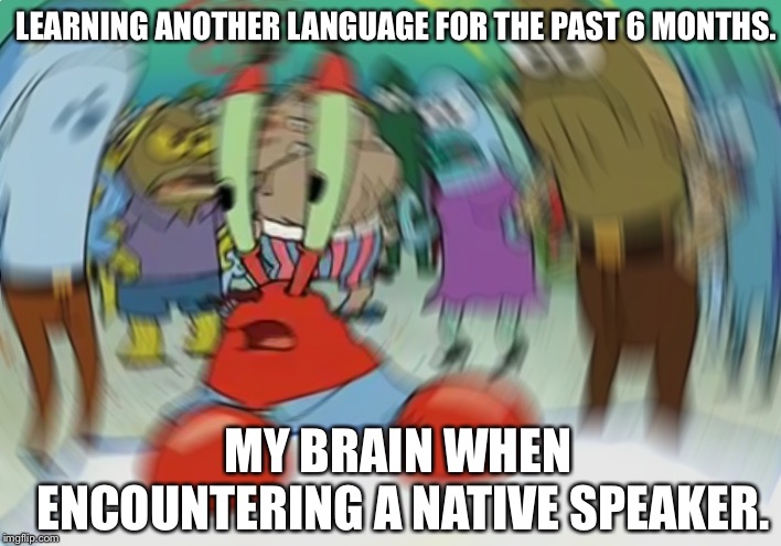 Mr Krabs Blur Meme | LEARNING ANOTHER LANGUAGE FOR THE PAST 6 MONTHS. MY BRAIN WHEN ENCOUNTERING A NATIVE SPEAKER. | image tagged in memes,mr krabs blur meme | made w/ Imgflip meme maker