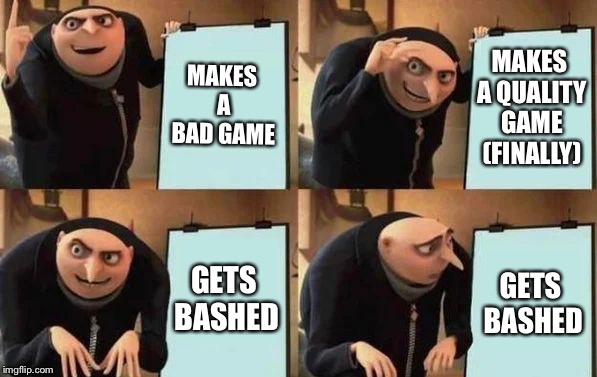 SEGA’s problem irl | MAKES A BAD GAME; MAKES A QUALITY GAME (FINALLY); GETS BASHED; GETS BASHED | image tagged in gru's plan | made w/ Imgflip meme maker