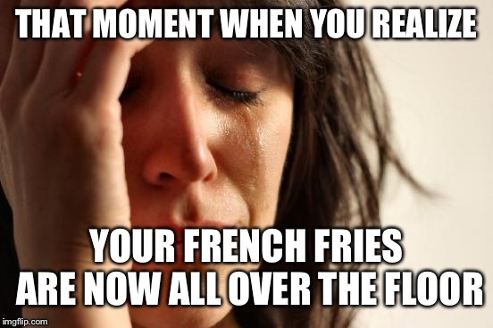 First World Problems Meme | THAT MOMENT WHEN YOU REALIZE; YOUR FRENCH FRIES ARE NOW ALL OVER THE FLOOR | image tagged in memes,first world problems | made w/ Imgflip meme maker
