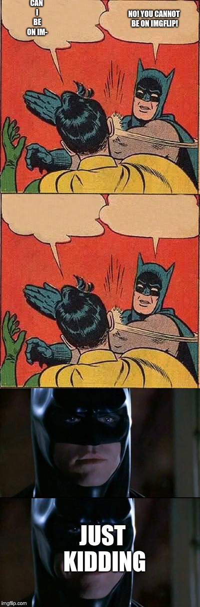 CAN I BE ON IM-; NO! YOU CANNOT BE ON IMGFLIP! JUST KIDDING | image tagged in memes,batman slapping robin,batman smiles | made w/ Imgflip meme maker