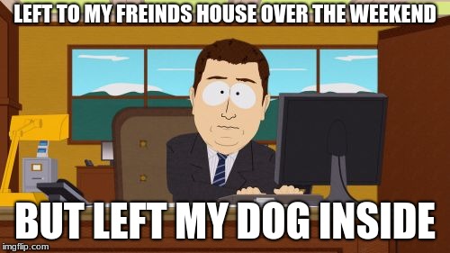 Aaaaand Its Gone Meme | LEFT TO MY FREINDS HOUSE OVER THE WEEKEND; BUT LEFT MY DOG INSIDE | image tagged in memes,aaaaand its gone | made w/ Imgflip meme maker