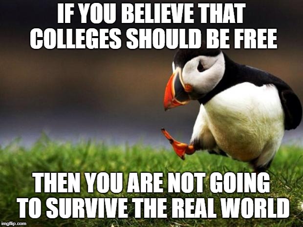 Nothing is free in real life, life is unforgiving. | IF YOU BELIEVE THAT COLLEGES SHOULD BE FREE; THEN YOU ARE NOT GOING TO SURVIVE THE REAL WORLD | image tagged in memes,unpopular opinion puffin | made w/ Imgflip meme maker