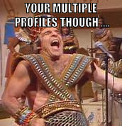 Steve Martin Egyptian | YOUR MULTIPLE PROFILES THOUGH .... | image tagged in steve martin egyptian | made w/ Imgflip meme maker