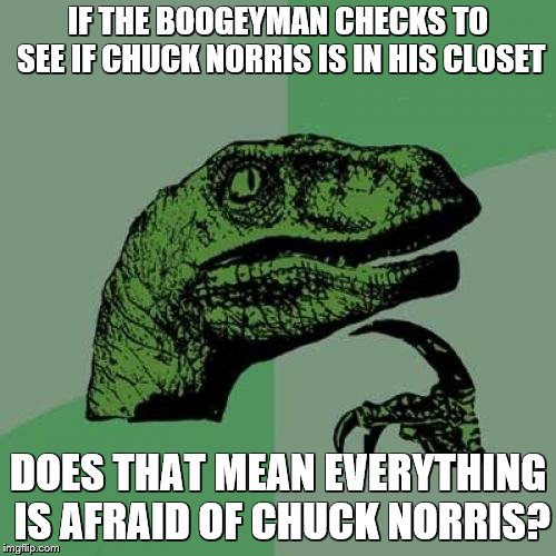 CHUCK NORRIS | IF THE BOOGEYMAN CHECKS TO SEE IF CHUCK NORRIS IS IN HIS CLOSET; DOES THAT MEAN EVERYTHING IS AFRAID OF CHUCK NORRIS? | image tagged in memes,philosoraptor | made w/ Imgflip meme maker