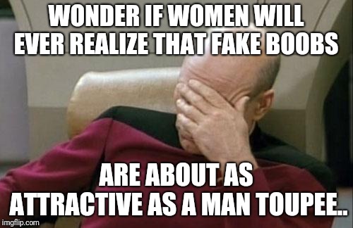 Captain Picard Facepalm | WONDER IF WOMEN WILL EVER REALIZE THAT FAKE BOOBS; ARE ABOUT AS ATTRACTIVE AS A MAN TOUPEE.. | image tagged in memes,captain picard facepalm | made w/ Imgflip meme maker