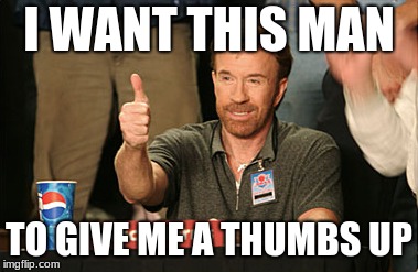 Chuck Norris Approves Meme | I WANT THIS MAN; TO GIVE ME A THUMBS UP | image tagged in memes,chuck norris approves,chuck norris | made w/ Imgflip meme maker