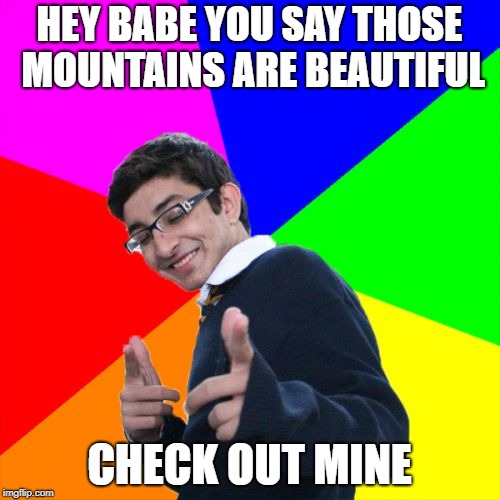 Subtle Pickup Liner Meme | HEY BABE YOU SAY THOSE MOUNTAINS ARE BEAUTIFUL CHECK OUT MINE | image tagged in memes,subtle pickup liner | made w/ Imgflip meme maker