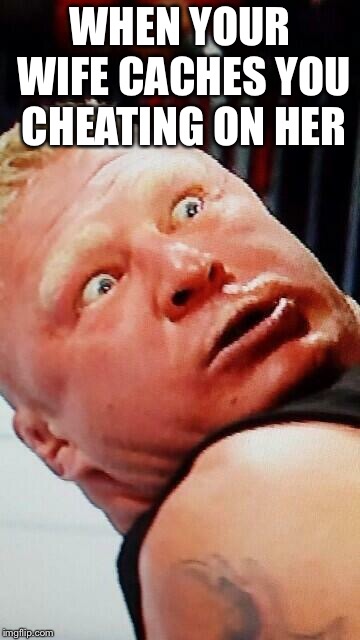 wwe brock lesnar | WHEN YOUR WIFE CACHES YOU CHEATING ON HER | image tagged in wwe brock lesnar | made w/ Imgflip meme maker