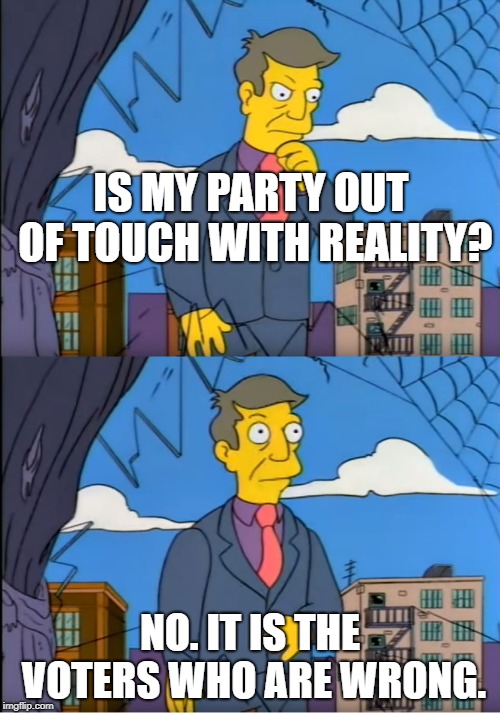 Skinner Out Of Touch | IS MY PARTY OUT OF TOUCH WITH REALITY? NO. IT IS THE VOTERS WHO ARE WRONG. | image tagged in skinner out of touch | made w/ Imgflip meme maker