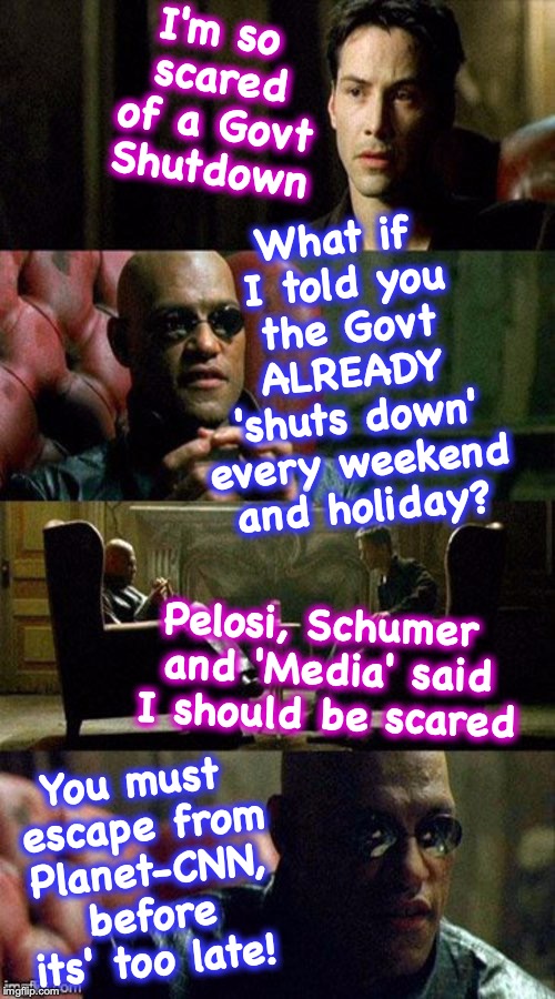Matrix | I'm so scared of a Govt Shutdown; What if I told you the Govt ALREADY 'shuts down' every weekend and holiday? Pelosi, Schumer and 'Media' said I should be scared; You must escape from Planet-CNN, before its' too late! | image tagged in matrix | made w/ Imgflip meme maker