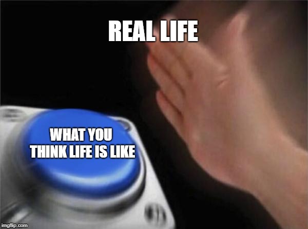 Blank Nut Button Meme | REAL LIFE WHAT YOU THINK LIFE IS LIKE | image tagged in memes,blank nut button | made w/ Imgflip meme maker