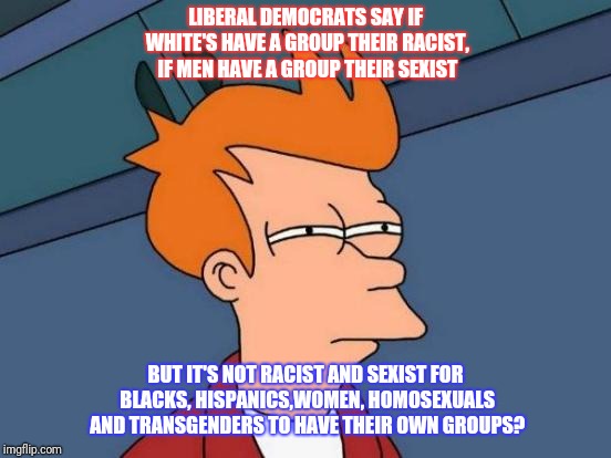 Futurama Fry | LIBERAL DEMOCRATS SAY IF WHITE'S HAVE A GROUP THEIR RACIST, IF MEN HAVE A GROUP THEIR SEXIST; BUT IT'S NOT RACIST AND SEXIST FOR BLACKS, HISPANICS,WOMEN, HOMOSEXUALS AND TRANSGENDERS TO HAVE THEIR OWN GROUPS? | image tagged in memes,futurama fry | made w/ Imgflip meme maker