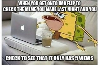 SpongeGar Computer | WHEN YOU GET ONTO IMG FLIP TO CHECK THE MEME YOU MADE LAST NIGHT AND YOU; CHECK TO SEE THAT IT ONLY HAS 5 VIEWS | image tagged in spongegar computer | made w/ Imgflip meme maker