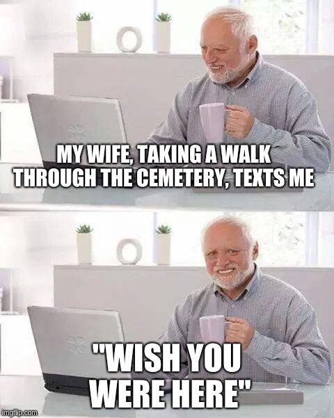 Hide the Pain Harold Meme | MY WIFE, TAKING A WALK THROUGH THE CEMETERY, TEXTS ME; "WISH YOU WERE HERE" | image tagged in memes,hide the pain harold | made w/ Imgflip meme maker