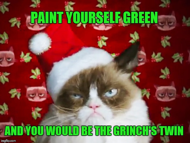 Merry Grumpmas | PAINT YOURSELF GREEN; AND YOU WOULD BE THE GRINCH'S TWIN | image tagged in grumpy cat christmas,how the grinch stole christmas week,memes,the grinch | made w/ Imgflip meme maker