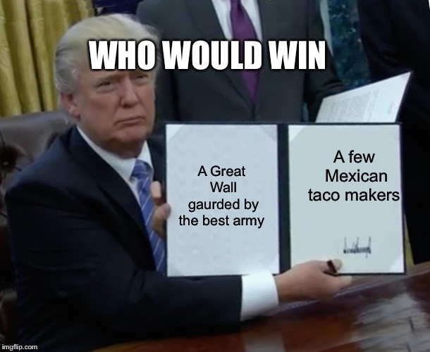 Trump Bill Signing Meme | WHO WOULD WIN; A few Mexican taco makers; A Great Wall gaurded by the best army | image tagged in memes,trump bill signing | made w/ Imgflip meme maker