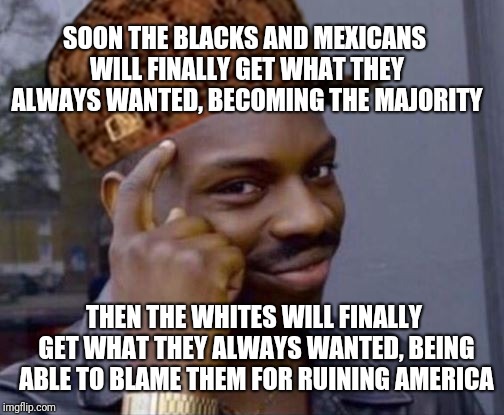 SOON THE BLACKS AND MEXICANS WILL FINALLY GET WHAT THEY ALWAYS WANTED, BECOMING THE MAJORITY; THEN THE WHITES WILL FINALLY GET WHAT THEY ALWAYS WANTED, BEING ABLE TO BLAME THEM FOR RUINING AMERICA | image tagged in scumbag | made w/ Imgflip meme maker