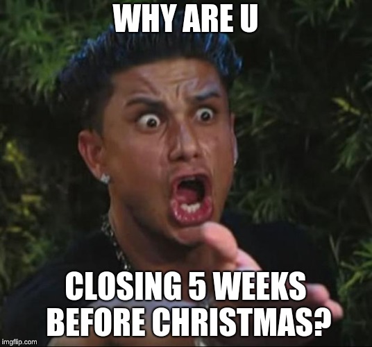 DJ Pauly D Meme | WHY ARE U; CLOSING 5 WEEKS BEFORE CHRISTMAS? | image tagged in memes,dj pauly d | made w/ Imgflip meme maker
