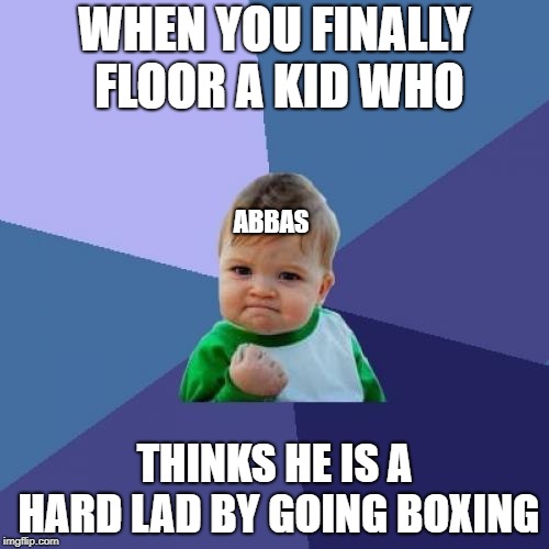 Success Kid | WHEN YOU FINALLY FLOOR A KID WHO; ABBAS; THINKS HE IS A HARD LAD BY GOING BOXING | image tagged in memes,success kid | made w/ Imgflip meme maker