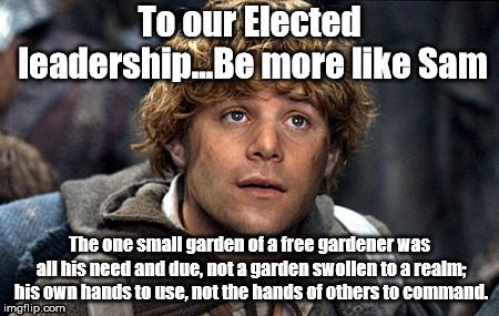 samwise | To our Elected leadership...Be more like Sam; The one small garden of a free gardener was all his need and due, not a garden swollen to a realm; his own hands to use, not the hands of others to command. | image tagged in samwise | made w/ Imgflip meme maker