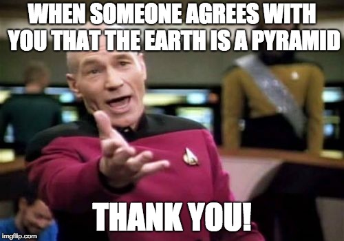 Picard Wtf Meme | WHEN SOMEONE AGREES WITH YOU THAT THE EARTH IS A PYRAMID; THANK YOU! | image tagged in memes,picard wtf | made w/ Imgflip meme maker