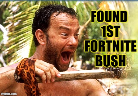 Castaway Fire Meme | FOUND 1ST FORTNITE BUSH | image tagged in memes,castaway fire | made w/ Imgflip meme maker