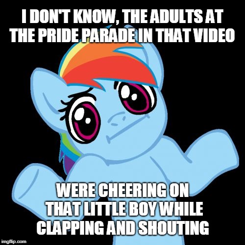 Pony Shrugs Meme | I DON'T KNOW, THE ADULTS AT THE PRIDE PARADE IN THAT VIDEO WERE CHEERING ON THAT LITTLE BOY WHILE CLAPPING AND SHOUTING | image tagged in memes,pony shrugs | made w/ Imgflip meme maker