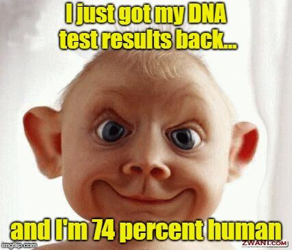 That's More Than Some Of Us | I just got my DNA test results back... and I'm 74 percent human | image tagged in funny face,dna testing,memes | made w/ Imgflip meme maker