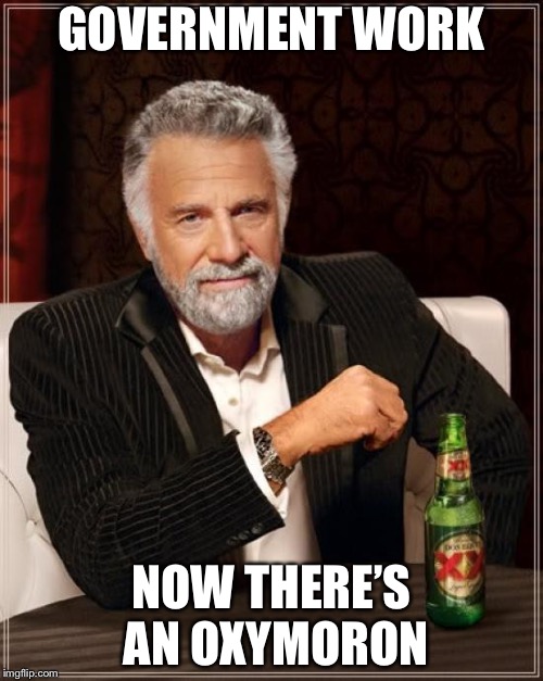 The Most Interesting Man In The World Meme | GOVERNMENT WORK; NOW THERE’S AN OXYMORON | image tagged in memes,the most interesting man in the world | made w/ Imgflip meme maker