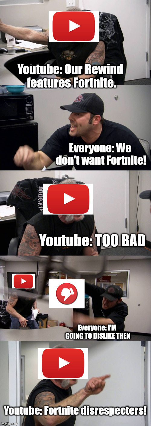 Youtube Rewind 2018 | Youtube: Our Rewind features Fortnite. Everyone: We don't want Fortnite! Youtube: TOO BAD; Everyone: I'M GOING TO DISLIKE THEN; Youtube: Fortnite disrespecters! | image tagged in youtube rewind,american chopper argument,fortnite | made w/ Imgflip meme maker