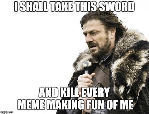 Brace Yourselves X is Coming | I SHALL TAKE THIS SWORD; AND KILL EVERY MEME MAKING FUN OF ME | image tagged in memes,brace yourselves x is coming | made w/ Imgflip meme maker