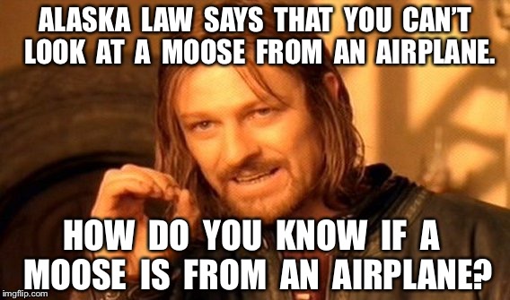 One Does Not Simply Meme |  ALASKA  LAW  SAYS  THAT  YOU  CAN’T  LOOK  AT  A  MOOSE  FROM  AN  AIRPLANE. HOW  DO  YOU  KNOW  IF  A  MOOSE  IS  FROM  AN  AIRPLANE? | image tagged in memes,one does not simply | made w/ Imgflip meme maker