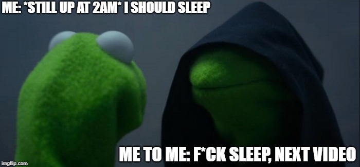 Evil Kermit | ME: *STILL UP AT 2AM* I SHOULD SLEEP; ME TO ME: F*CK SLEEP, NEXT VIDEO | image tagged in memes,evil kermit | made w/ Imgflip meme maker