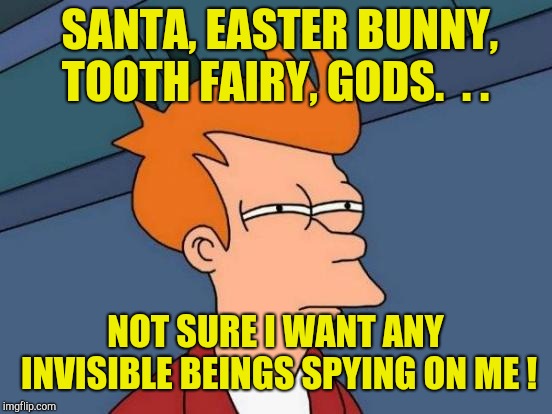 Futurama Fry Meme | SANTA, EASTER BUNNY, TOOTH FAIRY, GODS.  . . NOT SURE I WANT ANY INVISIBLE BEINGS SPYING ON ME ! | image tagged in memes,futurama fry | made w/ Imgflip meme maker