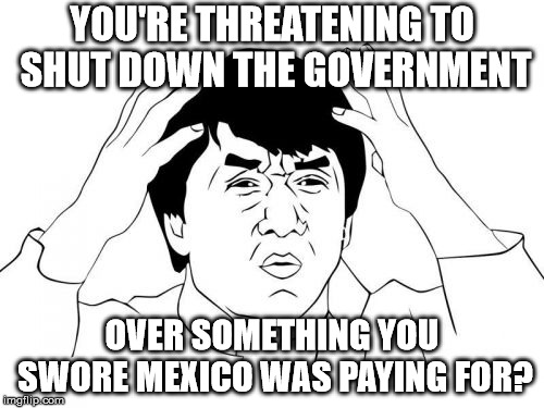 Jackie Chan WTF | YOU'RE THREATENING TO SHUT DOWN THE GOVERNMENT; OVER SOMETHING YOU SWORE MEXICO WAS PAYING FOR? | image tagged in memes,jackie chan wtf | made w/ Imgflip meme maker