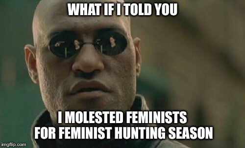 Matrix Morpheus Meme | WHAT IF I TOLD YOU I MOLESTED FEMINISTS FOR FEMINIST HUNTING SEASON | image tagged in memes,matrix morpheus | made w/ Imgflip meme maker