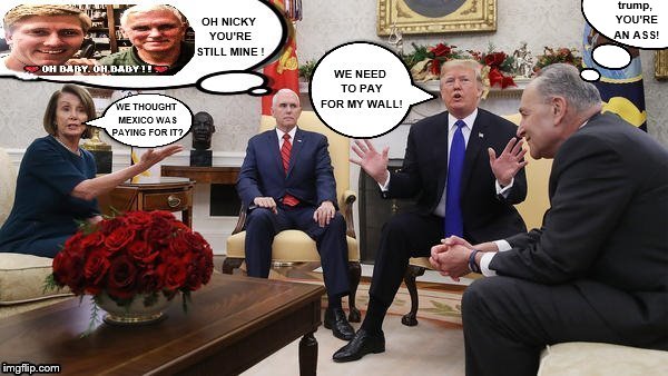 The Chuck And Nancy, trump And Daydreaming pence Show! | trump, YOU'RE AN ASS! | image tagged in chuck and nancy,donald trump is an idiot,daydreaming,pence,pelosi explains,chuck schumer | made w/ Imgflip meme maker