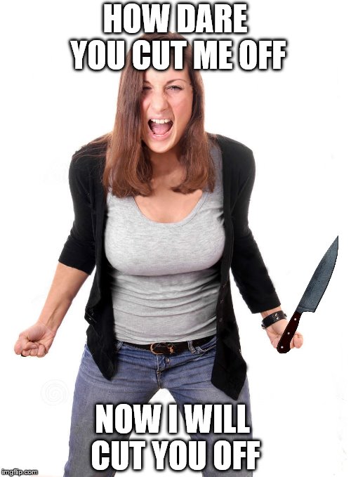 HOW DARE YOU CUT ME OFF; NOW I WILL CUT YOU OFF | image tagged in angry woman | made w/ Imgflip meme maker